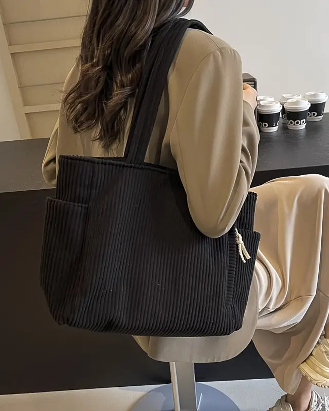 ADELE – Ribbed tote bag with cord detail