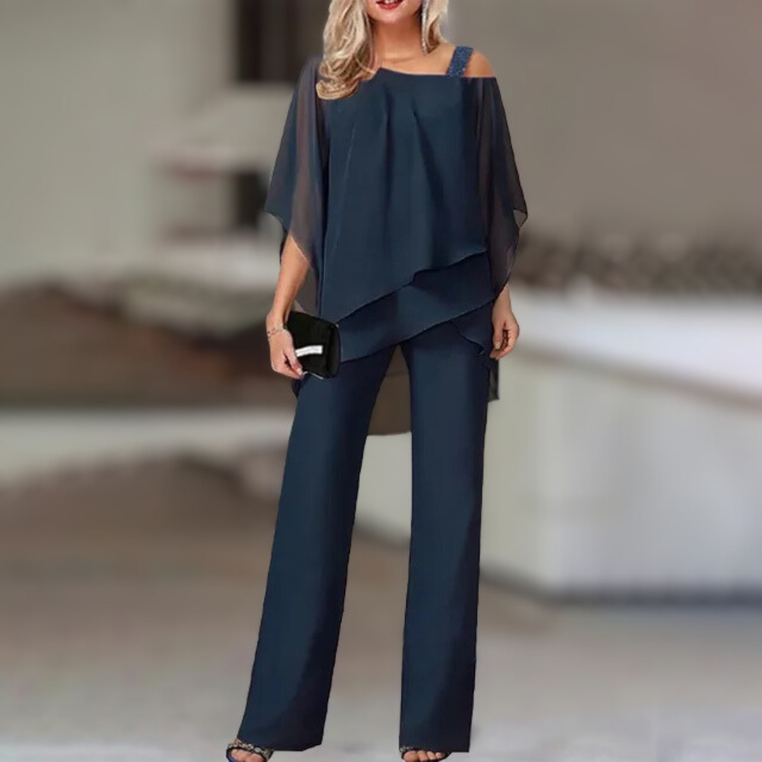 Elegant Women's Chiffon Set – Asymmetrical Top and Wide-Leg Pants