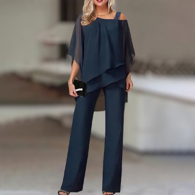 Elegant Women's Chiffon Set – Asymmetrical Top and Wide-Leg Pants