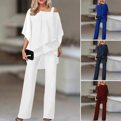 Elegant Women's Chiffon Set – Asymmetrical Top and Wide-Leg Pants