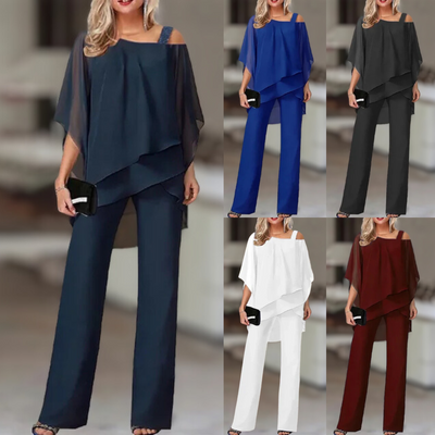 Elegant Women's Chiffon Set – Asymmetrical Top and Wide-Leg Pants