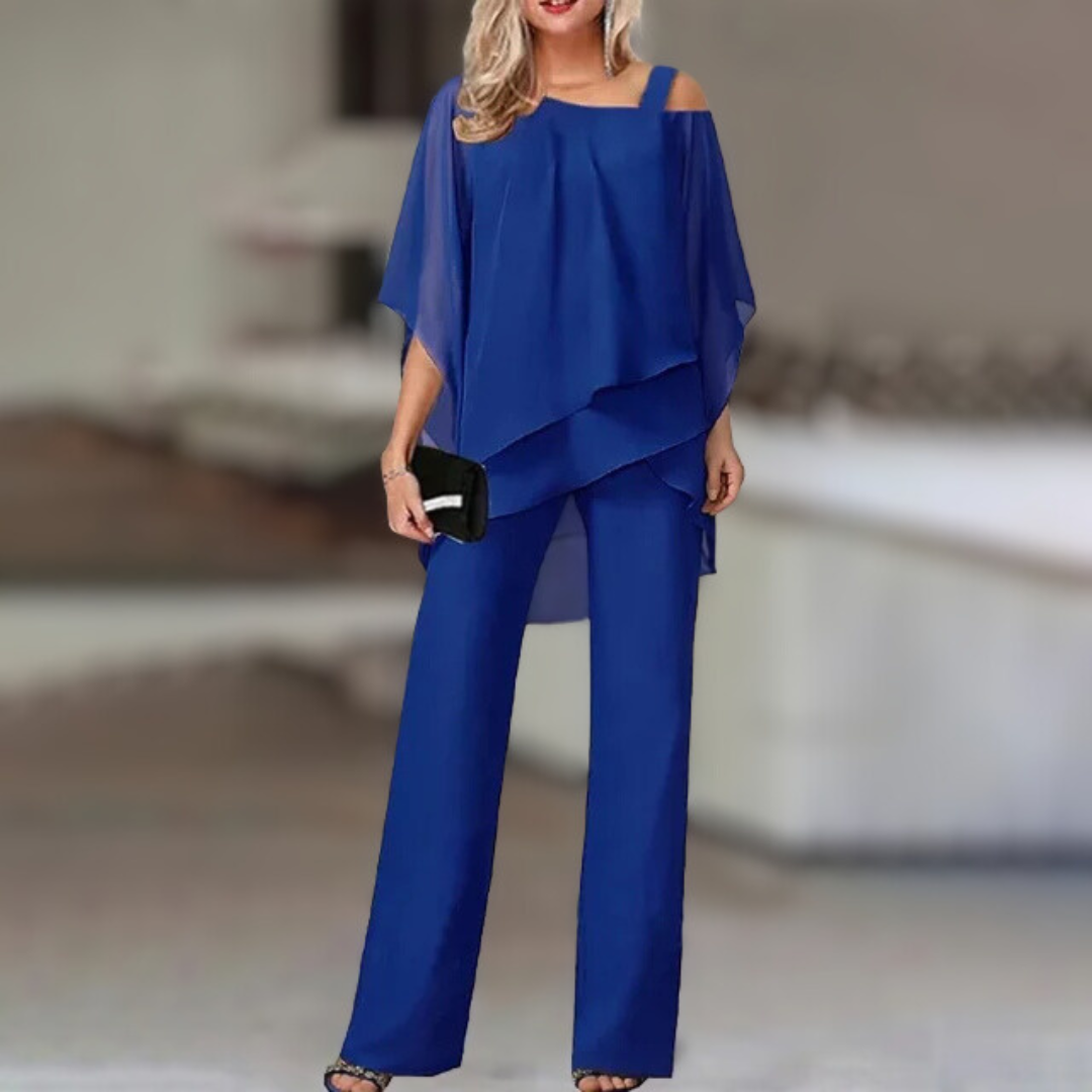 Elegant Women's Chiffon Set – Asymmetrical Top and Wide-Leg Pants