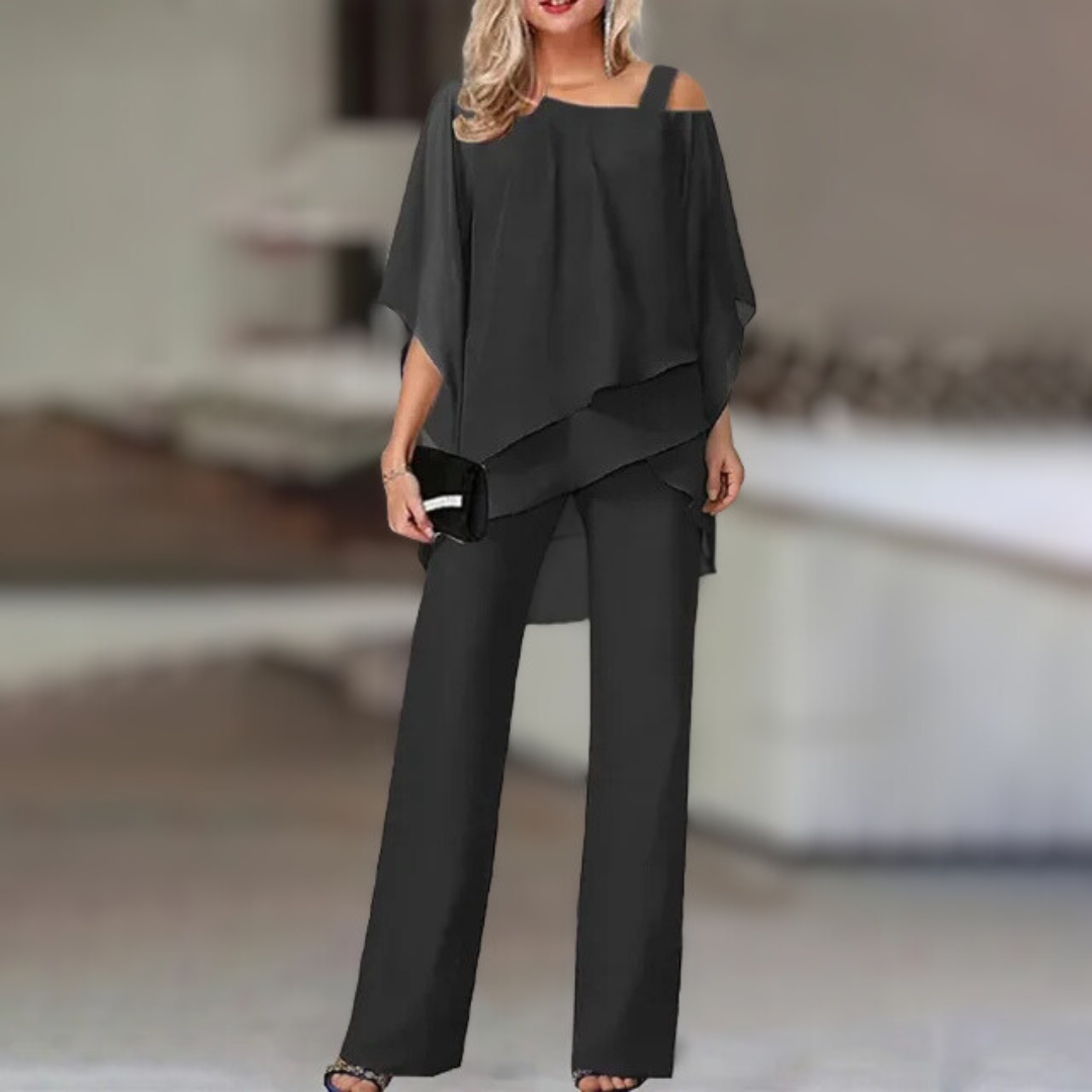 Elegant Women's Chiffon Set – Asymmetrical Top and Wide-Leg Pants