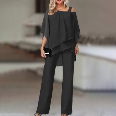 Elegant Women's Chiffon Set – Asymmetrical Top and Wide-Leg Pants