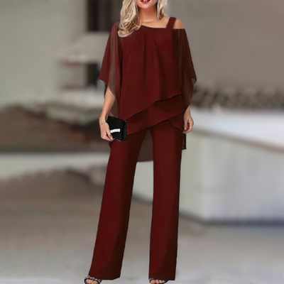 Elegant Women's Chiffon Set – Asymmetrical Top and Wide-Leg Pants