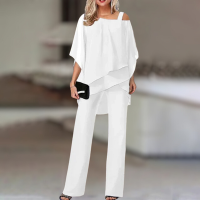 Elegant Women's Chiffon Set – Asymmetrical Top and Wide-Leg Pants
