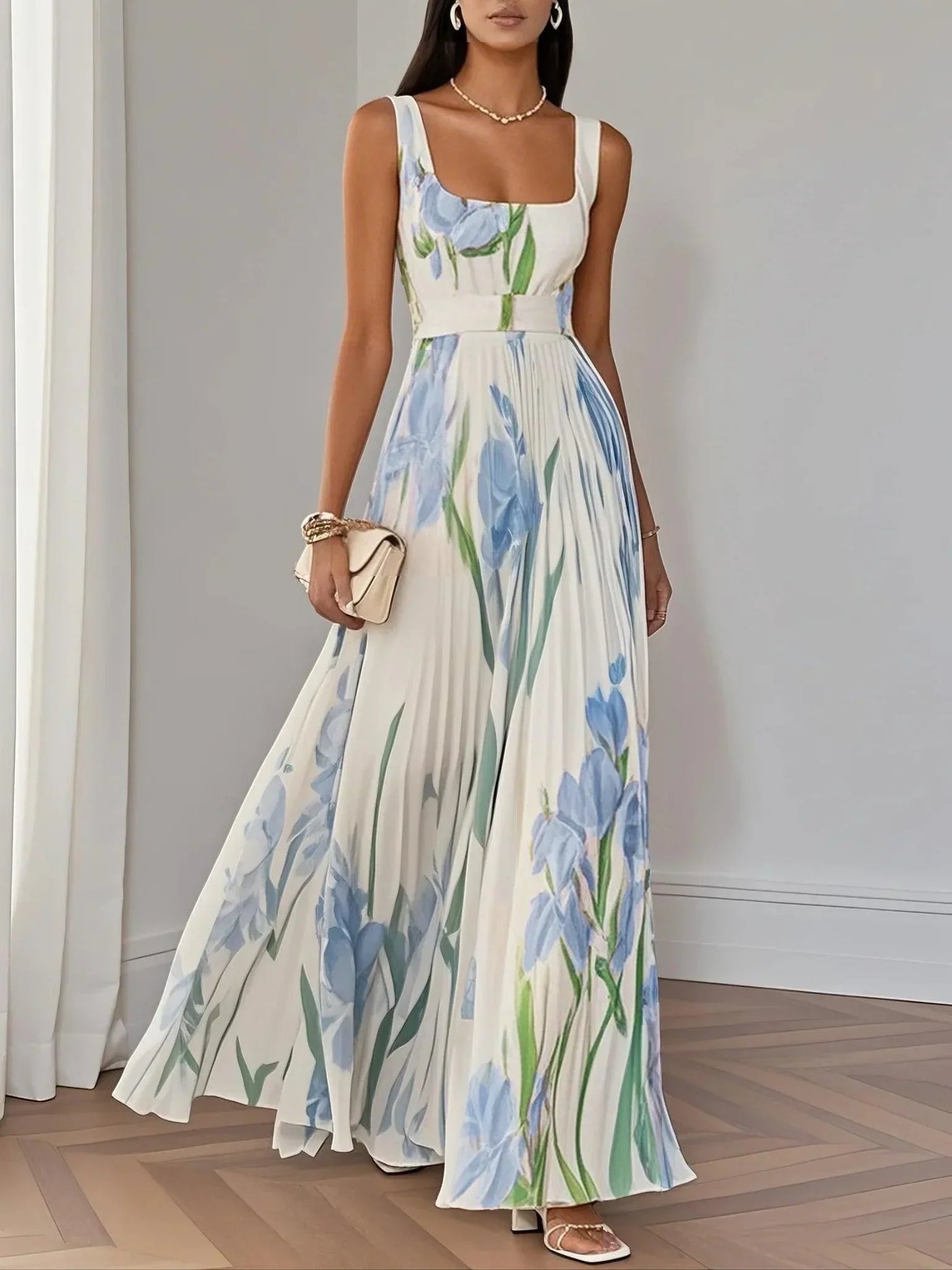 Aurelia™ | Pleated Floral Chiffon Maxi Dress